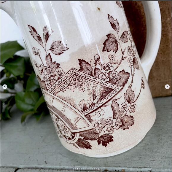 Vintage Ironstone Brown Transferware Pitcher Aesthetic Bird Stained Crazed - Picture 3 of 9